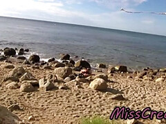 French Amateur Wife Miss Creamy Fucks Big Cock on Nude Beach - Public Sex & Cum in Mouth