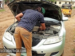 Big tits ebony beauty needs help with her car - Big tits