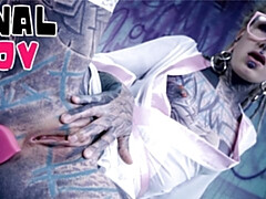 Enthousiasteling, Hondjeshouding, Sperma in gezicht, Gotisch, Masturbatie, Rijden, Alleen, Tatoeage