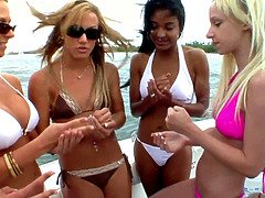 Tight teenagers demonstrate their tits and more in the public fest on a speed boat