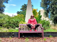 Hot Tranny in PVC Wanking on Park Bench