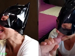 Milf With The Catwoman Mask Sucks Off Her Husband & Gets A Huge Load On His Face Then Licks The Cum