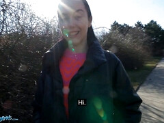 Young Spanish brunette with pert tits seduced in public into outdoor blowjob and sex