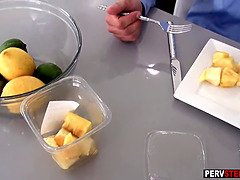 Blonde MILF stepmom sucks a stepsons dick in front of a dad