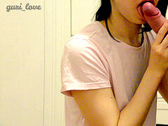 adorable asian girl chokes on cum after a blowjob with a huge money-shot