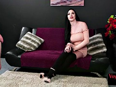 Nympho dirty femina teases naked man while he strokes cock