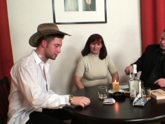 Poker playing redhead granny double penetration