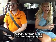 Blondie cougar with hair in bunches strips off for a nasty ride in a car - faux driving school