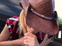 Cowgirl teen fucks in a truck outdoor