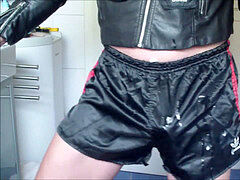 slobbering on nylon antique retro soccer satin cut-offs and leather jacket