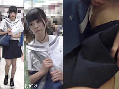 Éjaculation interne, Doigter, Japonaise, Petite femme, Public, Adolescente, Train, Sous la jupe