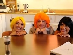 Comic characters arrange fantastic threesome in kitchen