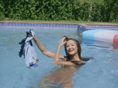 Sexy as hell brunette let stepbrother fuck her in the pool
