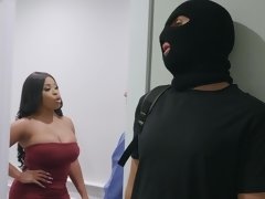 Hot ebony fucks burglar under her cheating BF’s nose!