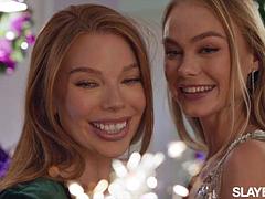 美人, デカパイ, ブロンド, レズビアン, なめる, 下着, 赤毛, オッパイの