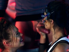 デカパイ, フェラチオ, 茶髪の, チン, 開帳, 三人