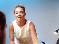 美女, デカ尻, ブロンド, フェラチオ, チン, なめる, オマンコ, 三人