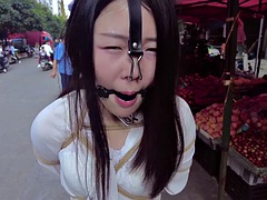 素人, アジア人, ボンデージ, 中国人, アウトドア, 公共