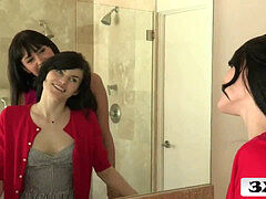 フェラチオ, 茶髪の, 女 人男 人, 毛深い, 母, 小柄, ティーン, 三人