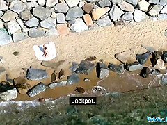 Blonde Liz Rainbow fucked on the beach in a bikini