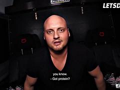 Blonde Gym Junkie with Big Tits Performs Deep Squats on Studs Thick Cock on Car Backseat for