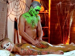 Kayla Green In Busty Hungarian Blonde Covered In Green Oil During Halloween Themed Fuck