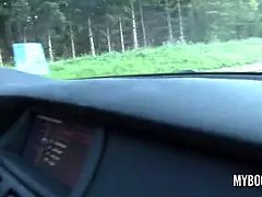 Busty Alexsis Faye drive BMW X5 showing and play with her huge natural boobs public