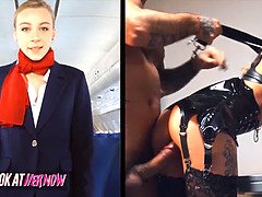 Dirty uniformed French flight attendant (Angel Emily) inspires naughty fantasies and craves big cock