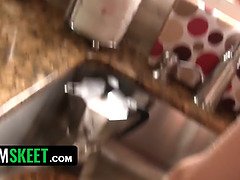 Watch this hot 18-year-old babe get her hand stuck on the sink before getting her pussy pounded from behind by a big cock
