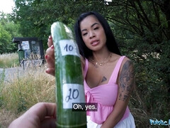 Jade Mai's pussy tested by a cucumber in public with cumshot on her face