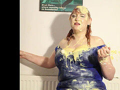 plumper gets pied numerous times in taut blue dress