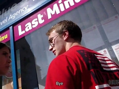 Watch as nerdy girlfriend gets fingered and fucked by muscular stranger in POV reality video!