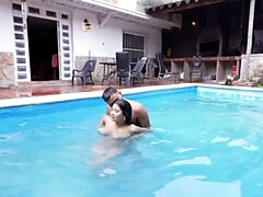 Stepdad Teaches Stepdaughter to Swim Naked - Busty Latina Daddies Huge Cock in Pool