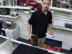 Pawnshop nympho slut enjoys sucking big cock in POV