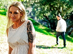 Passionate blonde doll with huge boobies Alexis Malone fucked in the forest