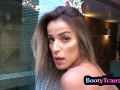 Twerking Latin tgirl sucks penis before bareback sex