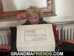 Watch this skinny blonde granny get down & dirty for delivery guys - a threesome of a lifetime!