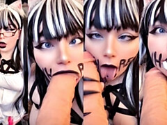 ぽっちゃり, フェラチオ, 口内発射, デブ, 開帳, 巨大なディルド, ハメ撮り, フェラする