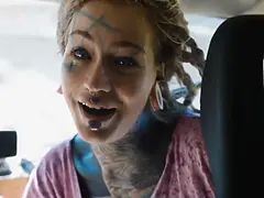 Tattooed roadtrip slut takes thick ass-fuck sex toy in vintage talbot express