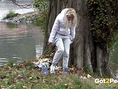 Blonde hottie gets off on public peeing and wild solo action