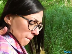 A nerdy chick in glasses gives a blowjob and is fucked for cash