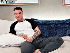 Solo tattooed stud jerking his dick to cumshot after casting