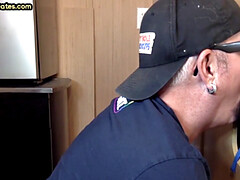 Gloryhole gay enjoys jerking while sucking big dick