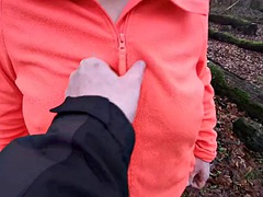 Naked in public and slapping her big tits
