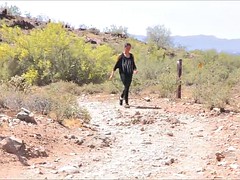 teen brunette plays with her pink pussy while jogging