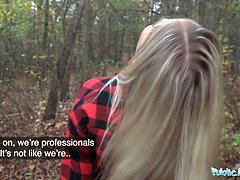 Beautiful Busty Blonde takes her clothes off in the woods before fucking