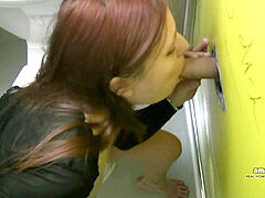 Russian redhead sucks nads and oral pleasure in motel gloryhole