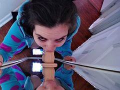 Amateur Brunette Babe Sloppy Mirror Dildo Blowjob