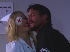 Blonde nurse likes action movies