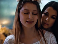 Skinny lesbian Alex Coal consoles a busty bride Bunny Colby